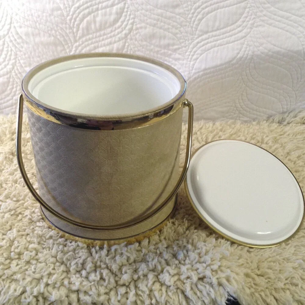 VTG Kraftware USA Grass cloth look Ice Bucket Retro Faux Leather MCM Cabincore